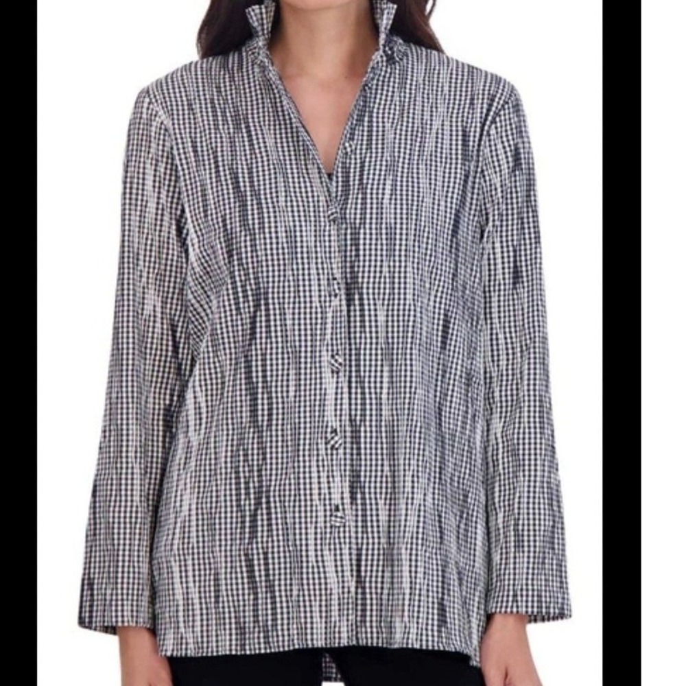 Foxcroft Gingham Crinkled Button Up Shirt Jacket‎ Black White Blouse Medium